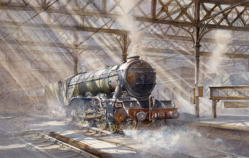 The Flying Scotsman at Newcastle station picture by artist David Bell