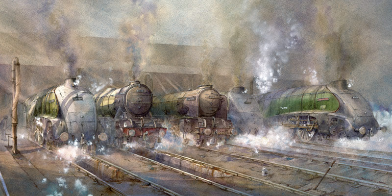 Flying Scotsman steam train print of Kings Cross London by artist david Bell