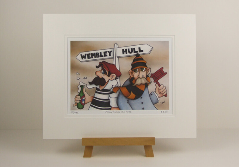 Humorous Hull FC and Hull City cartoon fine art picture by artist Peter Bell mounted for sale